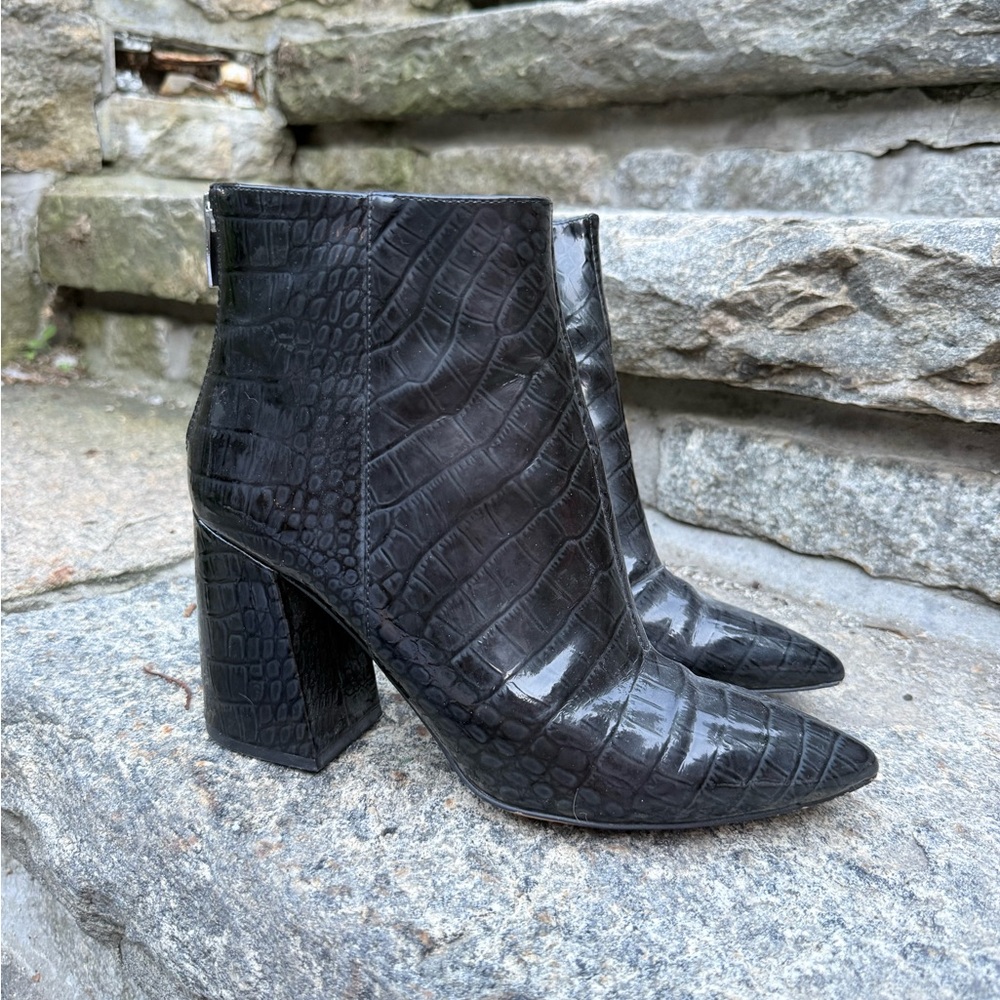 Vince Camuto Black Croc-Embossed Pointed Toe Block Heel Ankle Boots